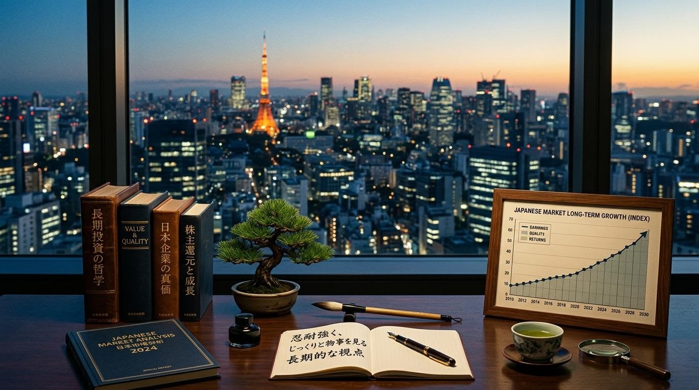 日本の商社ビルと価値投資の概念を象徴する書物と資料が並ぶ研究空間