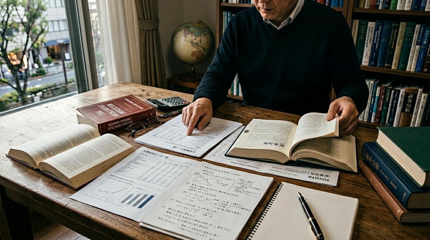 投資大師の理論書と日本株式市場チャートを並べた研究デスクの風景