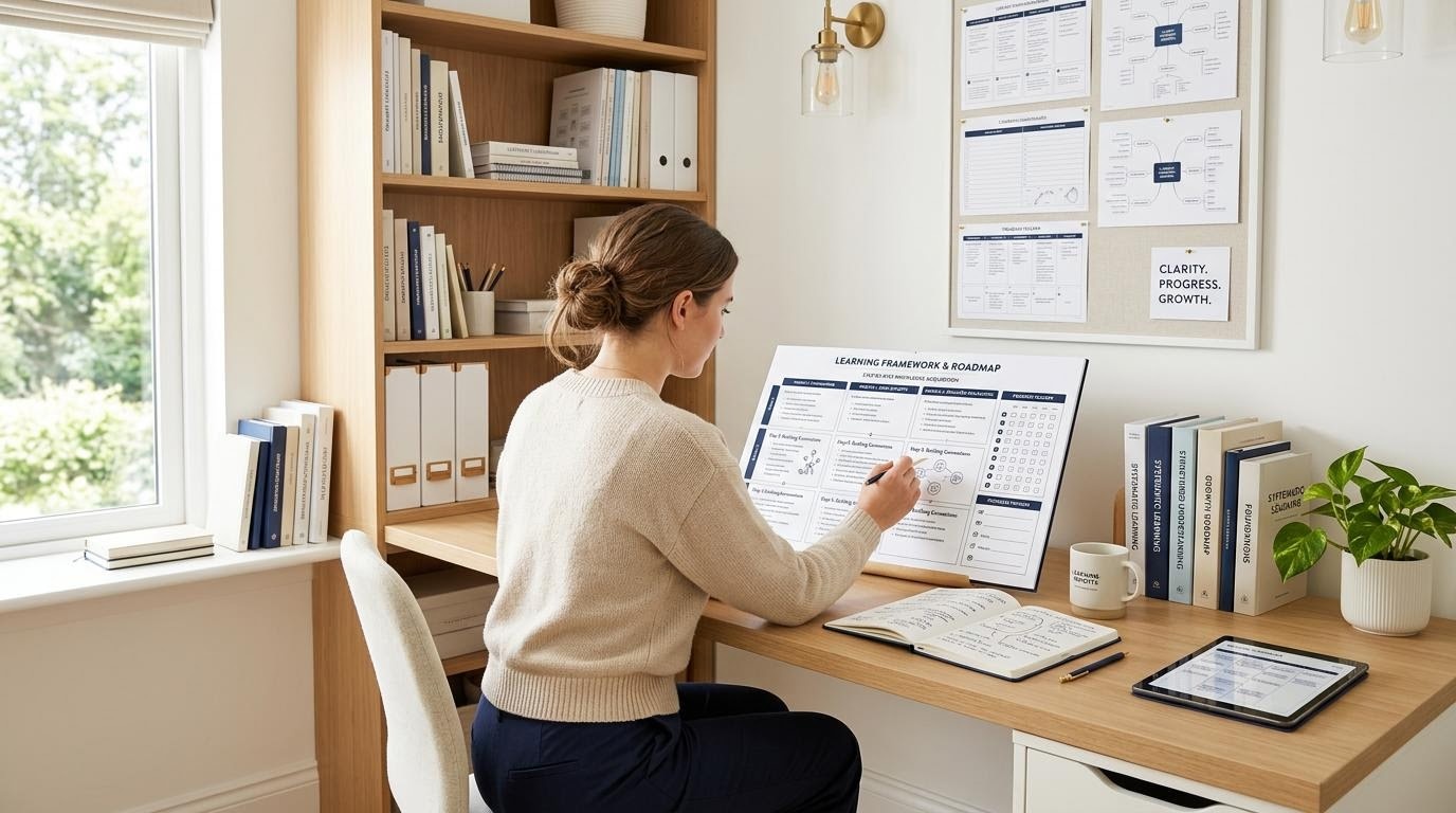 体系的な学習のための書棚とノートが並ぶ落ち着いた学習スペース