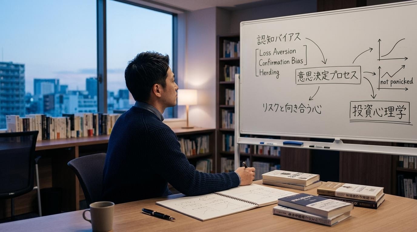 投資心理学の研究資料と思考を示す静かな分析環境