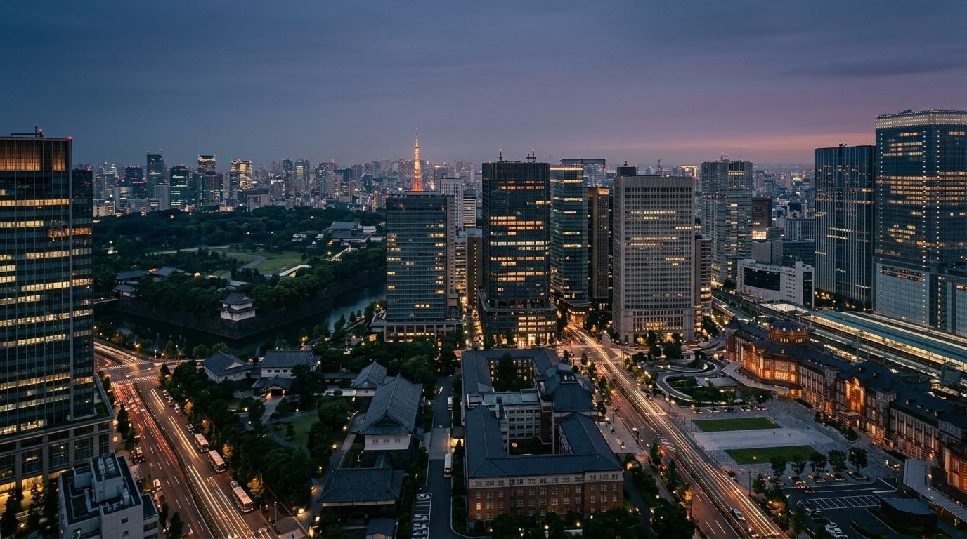 日本の経済発展と株式市場の歴史を表す都市風景と経済資料